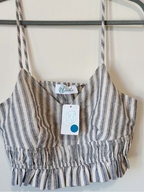 Cottagecore Coastal Boutique Striped Ruffle Crop Tank - Cream & Navy NWT
